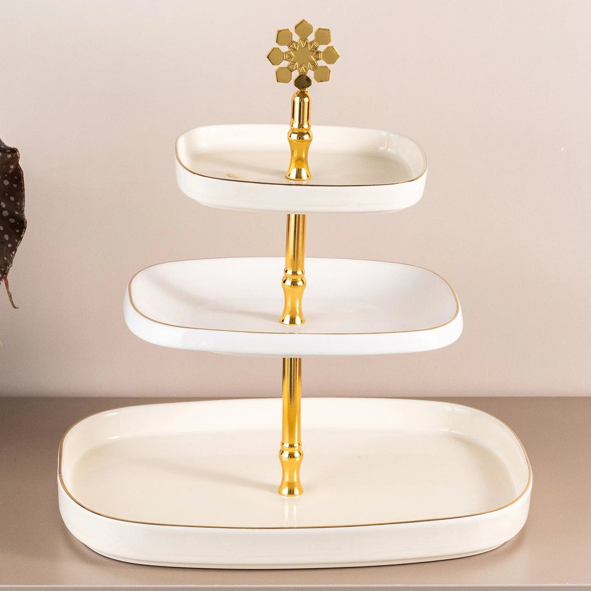 Otantik Mirral Luxury 3 - Tier Porcelain Dessert & Cake Stand – White with Gold Finish (30*32 cm) - Al Kabayel Discount CentreOtantik Mirral Luxury 3 - Tier Porcelain Dessert & Cake Stand – White with Gold Finish (30*32 cm)Serving TraysOTANTIKAl Kabayel Discount Centre