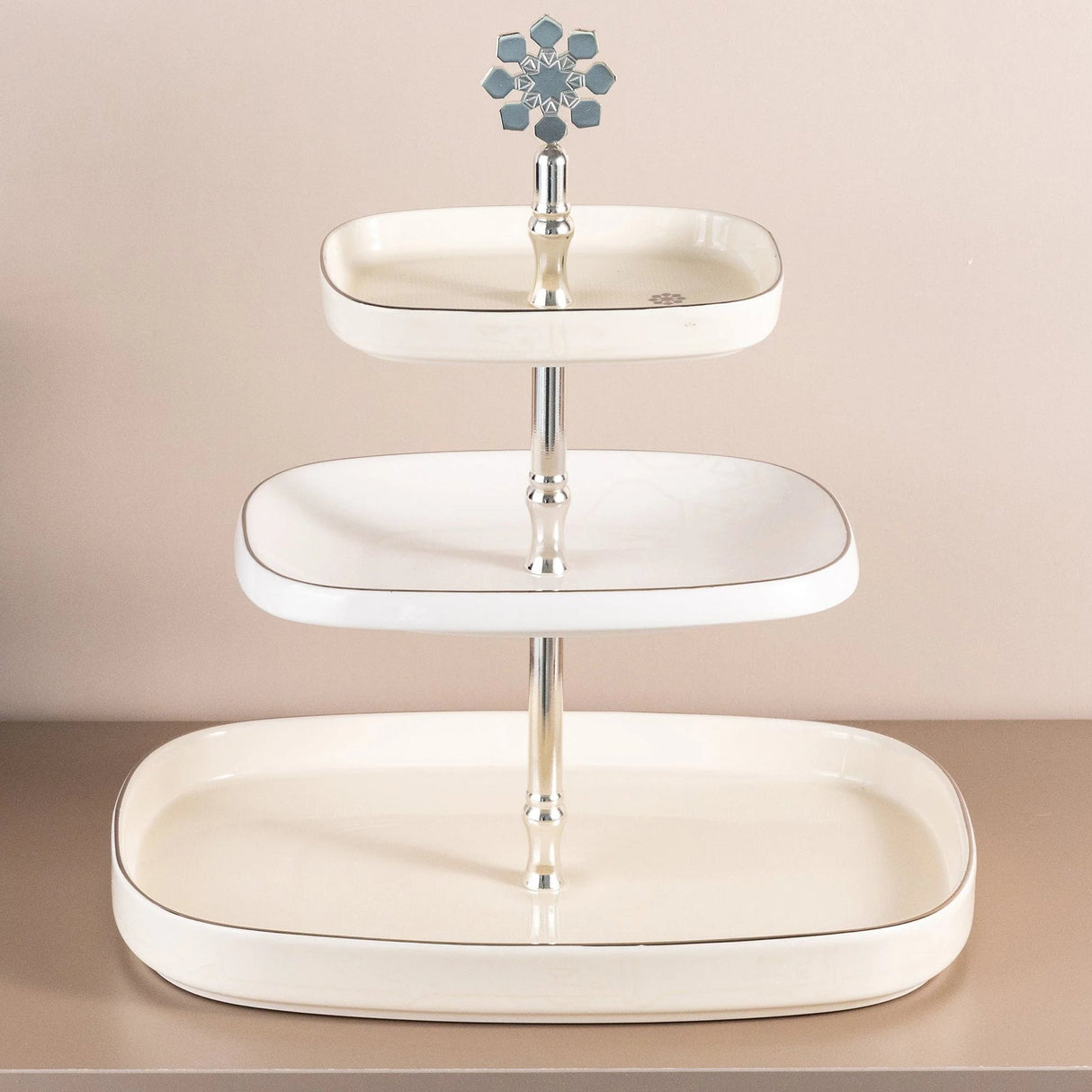 Otantik Mirral Luxury 3 - Tier Porcelain Dessert & Cake Stand – White with Silver Finish (30*32 cm) - Al Kabayel Discount CentreOtantik Mirral Luxury 3 - Tier Porcelain Dessert & Cake Stand – White with Silver Finish (30*32 cm)Serving TraysOTANTIKAl Kabayel Discount Centre