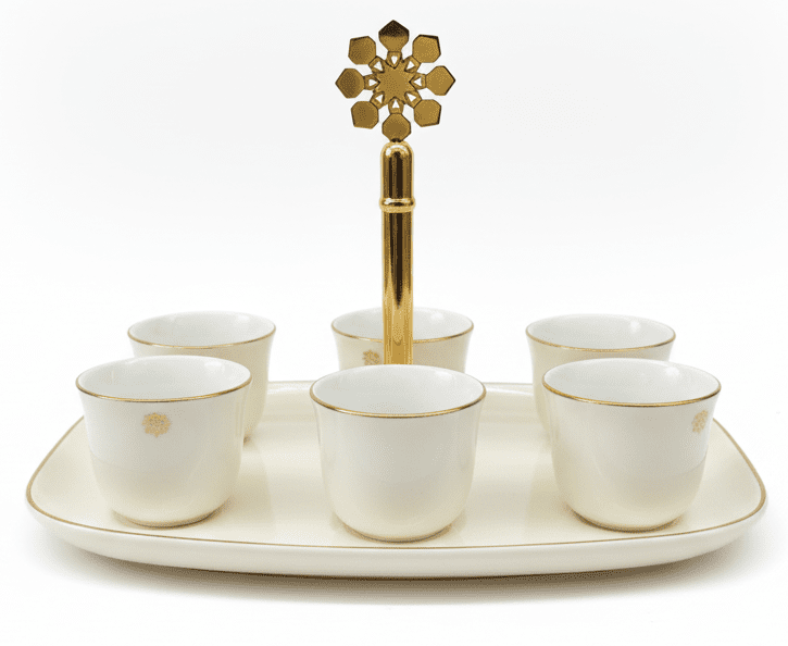 Otantik Mirral Luxury 7 - Piece Arabic Coffee Set with Stand – White & Gold Porcelain Cups 50CC - Al Kabayel Discount CentreOtantik Mirral Luxury 7 - Piece Arabic Coffee Set with Stand – White & Gold Porcelain Cups 50CCTea SetsOTANTIKAl Kabayel Discount Centre