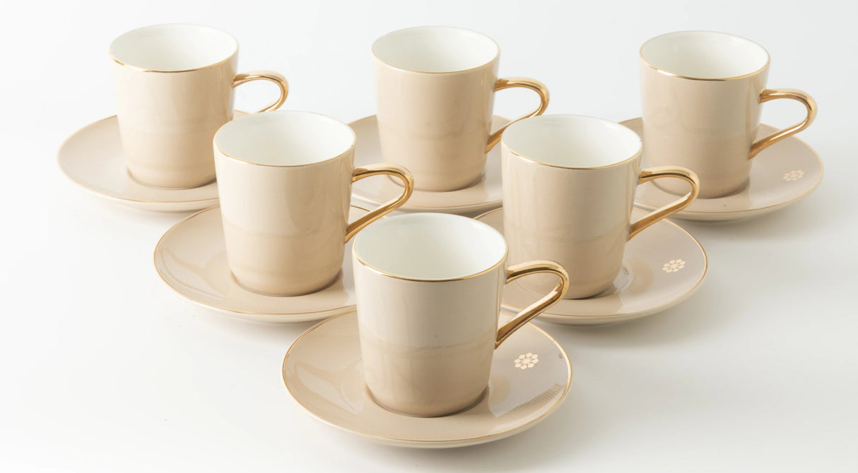 Otantik Mirral Premium 12 - Piece Porcelain Tea Cup & Saucer Set – Beige with Gold Accent 240CC - Al Kabayel Discount CentreOtantik Mirral Premium 12 - Piece Porcelain Tea Cup & Saucer Set – Beige with Gold Accent 240CCTea SetsOTANTIKAl Kabayel Discount Centre