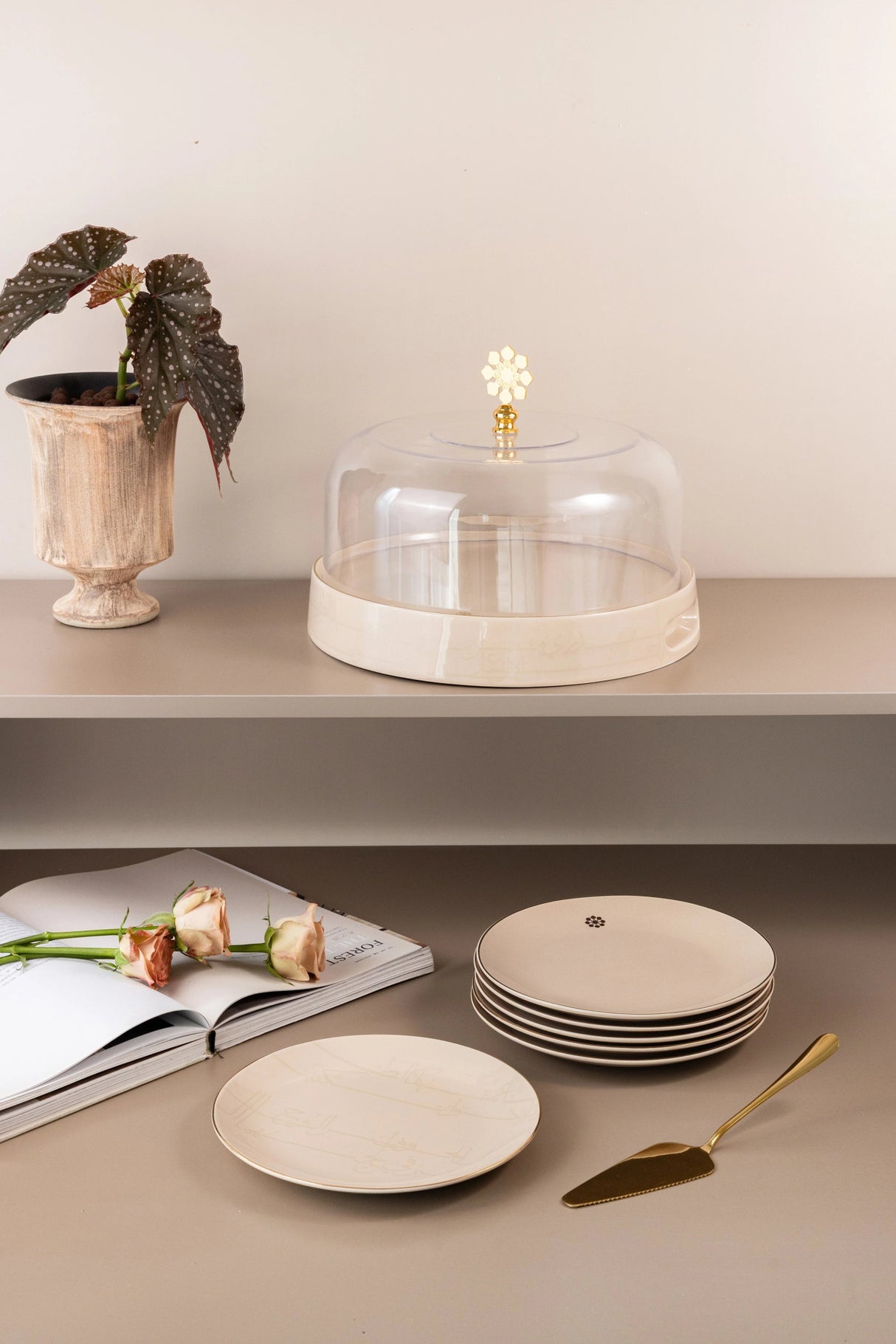 Otantik Mirral Premium 9 - Piece Porcelain Cake Serving Set with Acrylic Lid – Beige & Gold (7.5+10") - Al Kabayel Discount CentreOtantik Mirral Premium 9 - Piece Porcelain Cake Serving Set with Acrylic Lid – Beige & Gold (7.5+10")Serving TraysOTANTIKAl Kabayel Discount Centre