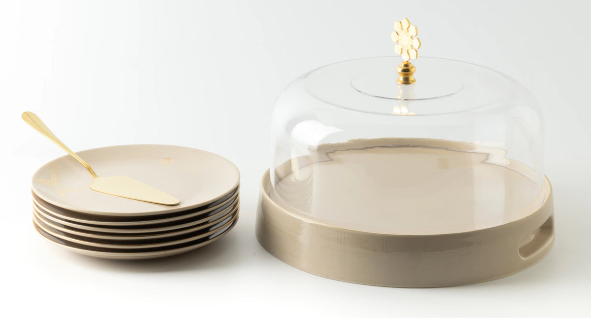 Otantik Mirral Premium 9 - Piece Porcelain Cake Serving Set with Acrylic Lid – Beige & Gold (7.5+10") - Al Kabayel Discount CentreOtantik Mirral Premium 9 - Piece Porcelain Cake Serving Set with Acrylic Lid – Beige & Gold (7.5+10")Serving TraysOTANTIKAl Kabayel Discount Centre