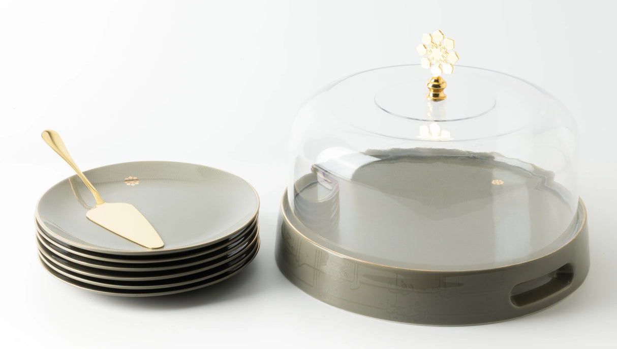 Otantik Mirral Premium 9 - Piece Porcelain Cake Serving Set with Acrylic Lid – Grey & Gold (7.5+10") - Al Kabayel Discount CentreOtantik Mirral Premium 9 - Piece Porcelain Cake Serving Set with Acrylic Lid – Grey & Gold (7.5+10")Serving TraysOTANTIKAl Kabayel Discount Centre