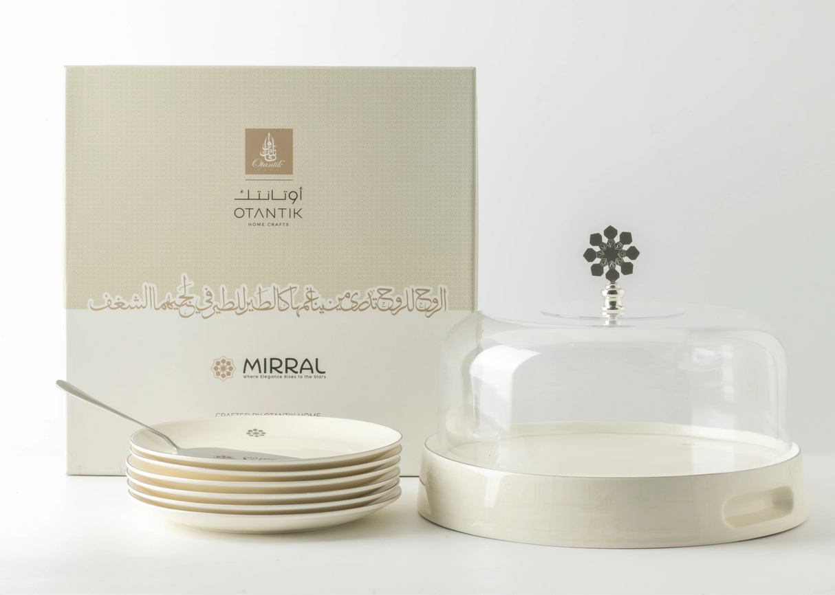 Otantik Mirral Premium 9 - Piece Porcelain Cake Serving Set with Acrylic Lid – White & Silver (7.5+10") - Al Kabayel Discount CentreOtantik Mirral Premium 9 - Piece Porcelain Cake Serving Set with Acrylic Lid – White & Silver (7.5+10")Serving TraysOTANTIKAl Kabayel Discount Centre