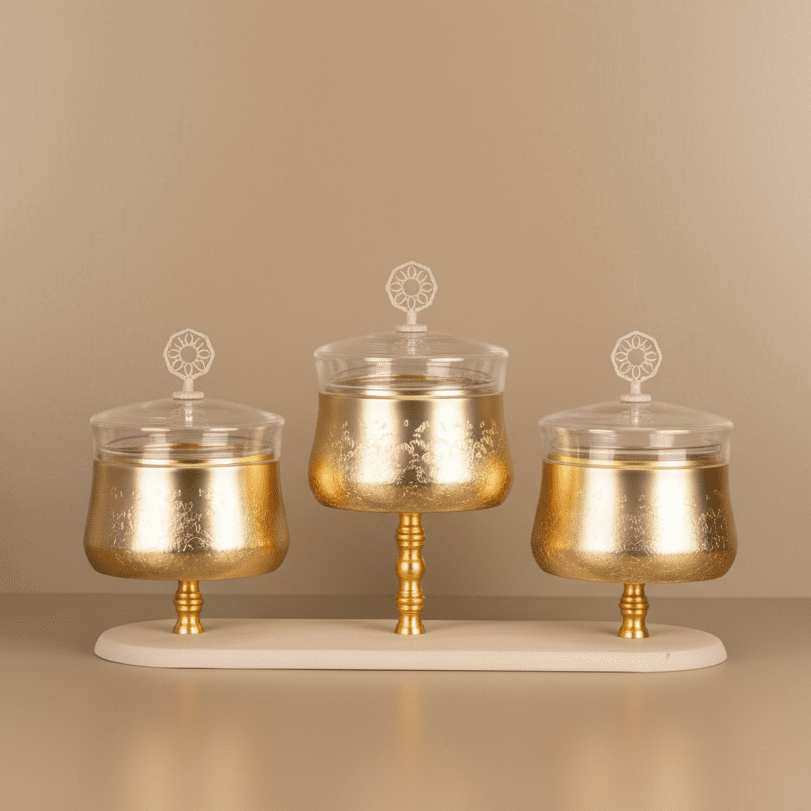 Otantik Nourhan Luxury Gold Nuts Serving Set with Glass Domes & Marble Tray - 3 Bowls - Al Kabayel Discount CentreOtantik Nourhan Luxury Gold Nuts Serving Set with Glass Domes & Marble Tray - 3 BowlsBowlsOTANTIKAl Kabayel Discount Centre