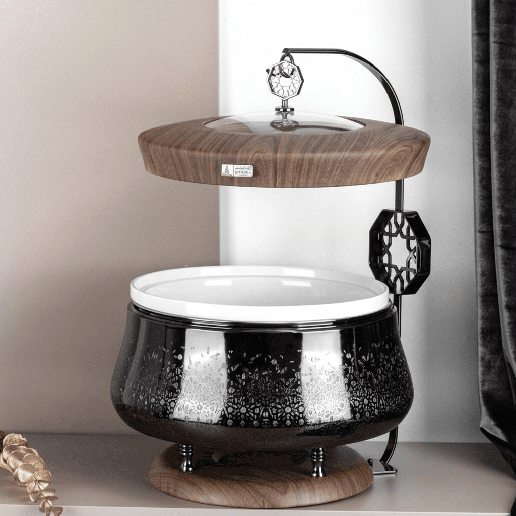 Otantik Nourhan Luxury Two - Tier Serving Buffet Set - Stainless Steel & Wood with Islamic Motif 6 Ltr - Al Kabayel Discount CentreOtantik Nourhan Luxury Two - Tier Serving Buffet Set - Stainless Steel & Wood with Islamic Motif 6 LtrWarmersOTANTIKAl Kabayel Discount Centre
