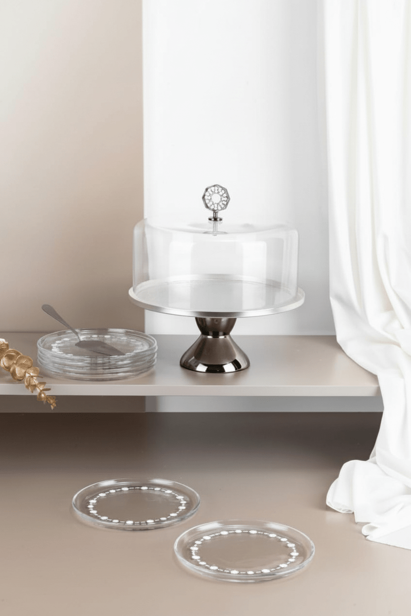 Otantik Nourhan Premium Cake & Sweet Stand Set - 7.5" Stainless Steel with 6 Glass Saucers & Serving Tools Silver - Al Kabayel Discount CentreOtantik Nourhan Premium Cake & Sweet Stand Set - 7.5" Stainless Steel with 6 Glass Saucers & Serving Tools SilverServing TraysOTANTIKAl Kabayel Discount Centre