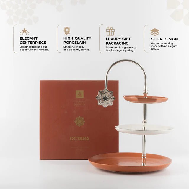 Otantik Octara - 3 Tier Cake Stand - Porcelain - Orange & Silver 11"*10" - Al Kabayel Discount CentreOtantik Octara - 3 Tier Cake Stand - Porcelain - Orange & Silver 11"*10"Serving TraysOTANTIKAl Kabayel Discount Centre