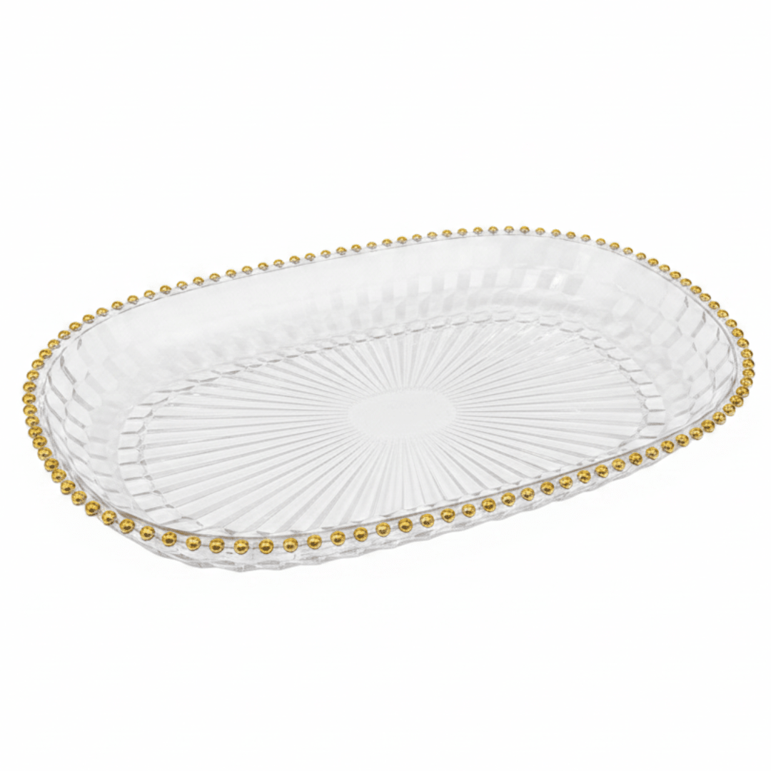 Oval Elegant Crystal-Clear Acrylic Serving Tray with Gold Bead Rim - Al Kabayel Discount CentreOval Elegant Crystal-Clear Acrylic Serving Tray with Gold Bead RimServing TraysAKDCAl Kabayel Discount Centre