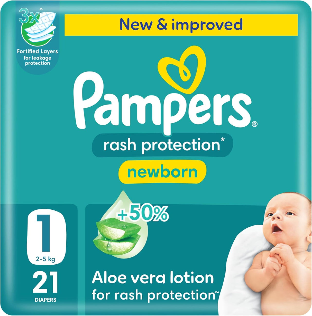 Pampers Rash Protection Taped Diapers, Size 1, 2 - 5kg, +50% Aloe Vera Lotion for Rash Protection, 3x Fortified Layers for Leakage Protection, Carry Pack, 21 Count - Al Kabayel Discount CentrePampers Rash Protection Taped Diapers, Size 1, 2 - 5kg, +50% Aloe Vera Lotion for Rash Protection, 3x Fortified Layers for Leakage Protection, Carry Pack, 21 CountBaby ProductsPAMPERSAl Kabayel Discount Centre