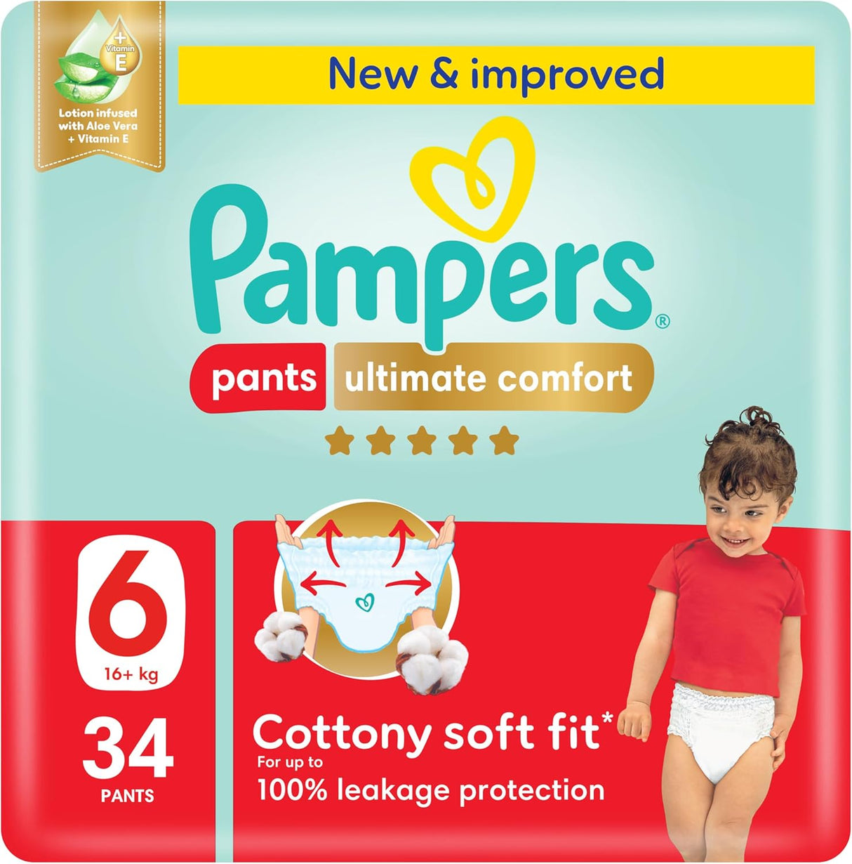 Pampers Ultimate Comfort Pants Diapers, Size 6, 16 - 21kg, Lotion infused with Aloe Vera and Vitamin E, Cottony Soft Fit for up to 100% Leakage Protection, Super Saving Pack, 34 Count - Al Kabayel Discount CentrePampers Ultimate Comfort Pants Diapers, Size 6, 16 - 21kg, Lotion infused with Aloe Vera and Vitamin E, Cottony Soft Fit for up to 100% Leakage Protection, Super Saving Pack, 34 CountBaby ProductsPAMPERSAl Kabayel Discount Centre