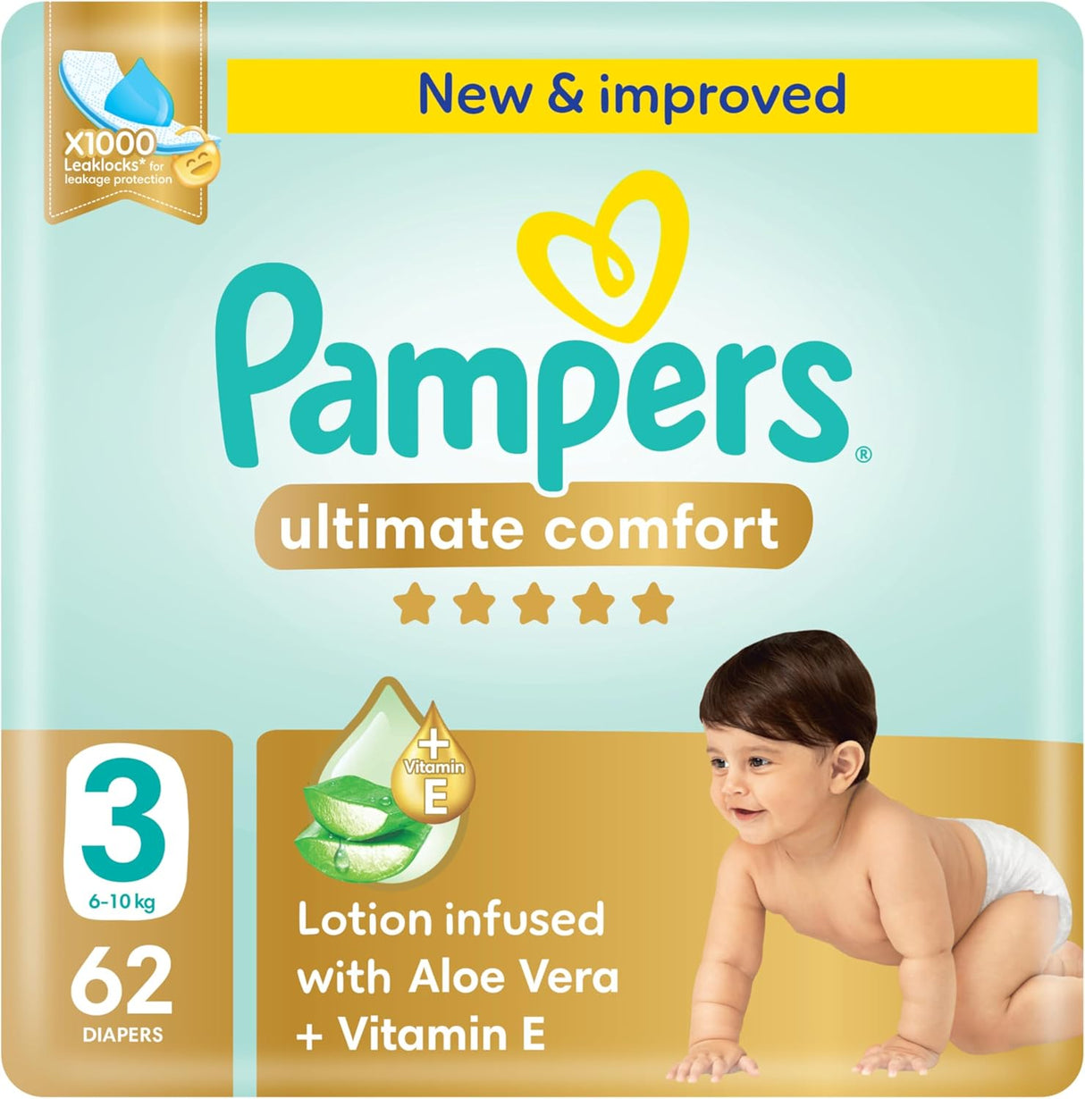 Pampers Ultimate Comfort Taped Diapers, Size 3, 6 - 10kg, Lotion infused with Aloe Vera and Vitamin E, x1000 Leak Locks Technology for Leakage Protection, Mega Pack, 62 Count - Al Kabayel Discount CentrePampers Ultimate Comfort Taped Diapers, Size 3, 6 - 10kg, Lotion infused with Aloe Vera and Vitamin E, x1000 Leak Locks Technology for Leakage Protection, Mega Pack, 62 CountBaby ProductsPAMPERSAl Kabayel Discount Centre