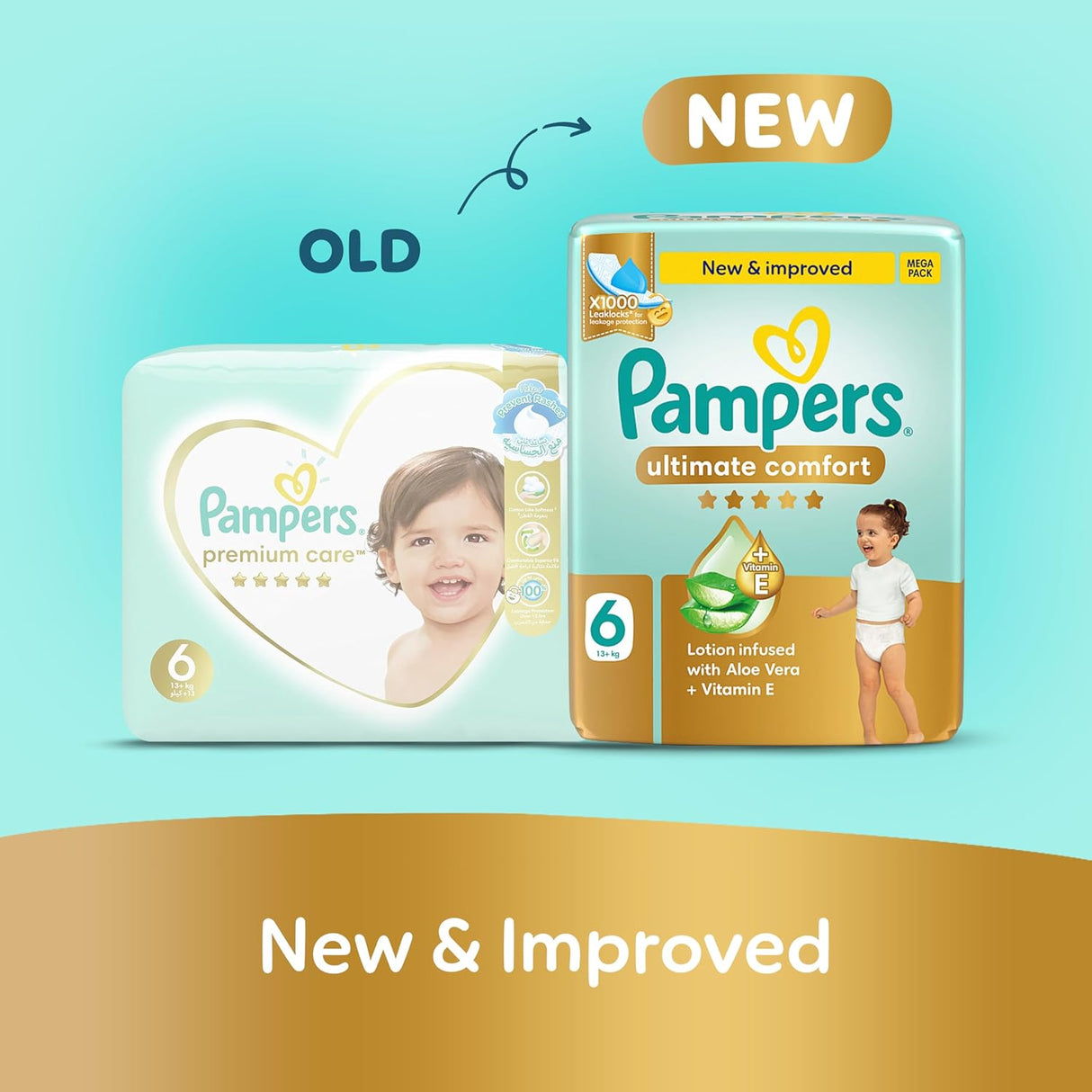 Pampers Ultimate Comfort Taped Diapers, Size 6, 13+kg, Lotion infused with Aloe Vera and Vitamin E, x1000 Leak Locks Technology for Leakage Protection, Mega Pack, 36 Count - Al Kabayel Discount CentrePampers Ultimate Comfort Taped Diapers, Size 6, 13+kg, Lotion infused with Aloe Vera and Vitamin E, x1000 Leak Locks Technology for Leakage Protection, Mega Pack, 36 CountBaby ProductsPAMPERSAl Kabayel Discount Centre