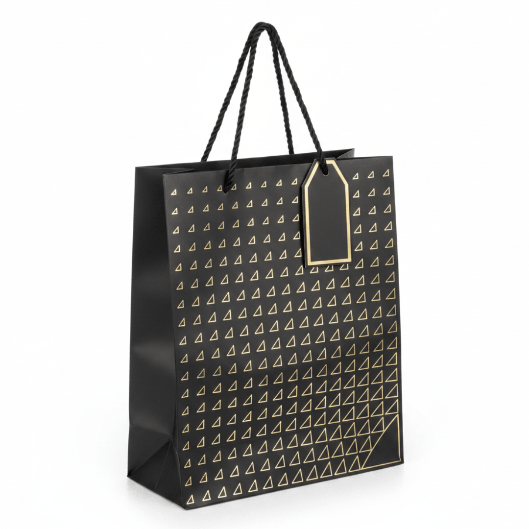 Paper Gift Bag with Gold Triangle Pattern & Rope Handles – 32×26cm | Premium Gift Packaging for All Occasions - Al Kabayel Discount CentrePaper Gift Bag with Gold Triangle Pattern & Rope Handles – 32×26cm | Premium Gift Packaging for All OccasionsPacking & Wrapping SuppliesAKDCAl Kabayel Discount Centre