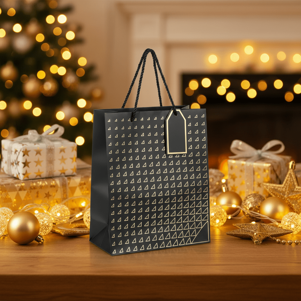 Paper Gift Bag with Gold Triangle Pattern & Rope Handles – 32×26cm | Premium Gift Packaging for All Occasions - Al Kabayel Discount CentrePaper Gift Bag with Gold Triangle Pattern & Rope Handles – 32×26cm | Premium Gift Packaging for All OccasionsPacking & Wrapping SuppliesAKDCAl Kabayel Discount Centre
