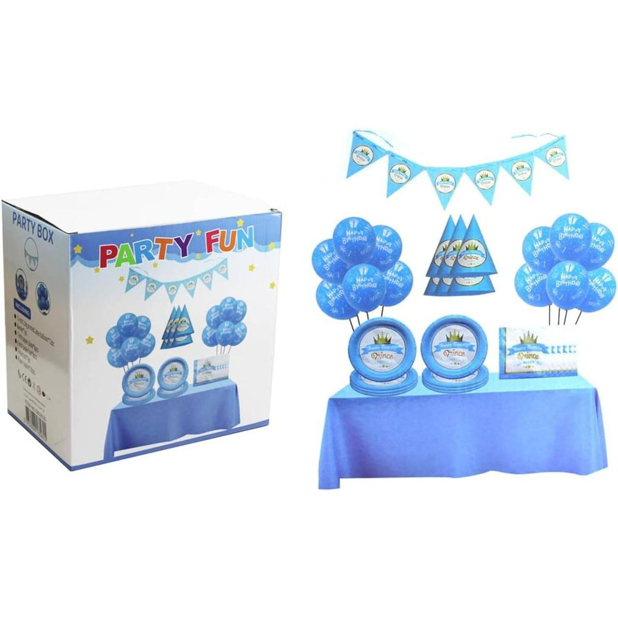 Party Fun 46pcs Prince Happy Birthday Party Box Set, Includes 12pcs Ballon 12", 1pc Banner, 6pcs Paper Plate 7", 6pcs Paper Hat 6", 1pc Table Cloth, 20pcs Paper Napkin, Blue - Al Kabayel Discount CentreParty Fun 46pcs Prince Happy Birthday Party Box Set, Includes 12pcs Ballon 12", 1pc Banner, 6pcs Paper Plate 7", 6pcs Paper Hat 6", 1pc Table Cloth, 20pcs Paper Napkin, BlueParty SuppliesPARTY FUNAl Kabayel Discount Centre