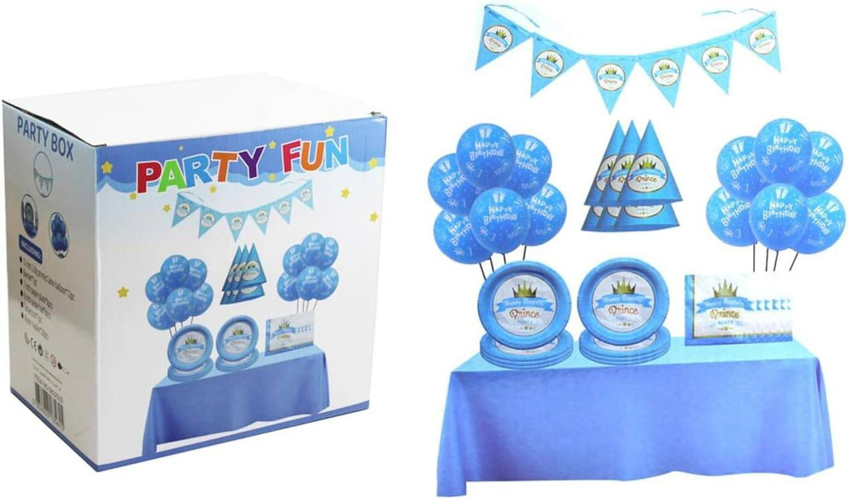 Party Fun 46pcs Prince Happy Birthday Party Box Set, Includes 12pcs Ballon 12", 1pc Banner, 6pcs Paper Plate 7", 6pcs Paper Hat 6", 1pc Table Cloth, 20pcs Paper Napkin, Blue - Al Kabayel Discount CentreParty Fun 46pcs Prince Happy Birthday Party Box Set, Includes 12pcs Ballon 12", 1pc Banner, 6pcs Paper Plate 7", 6pcs Paper Hat 6", 1pc Table Cloth, 20pcs Paper Napkin, BlueParty SuppliesPARTY FUNAl Kabayel Discount Centre