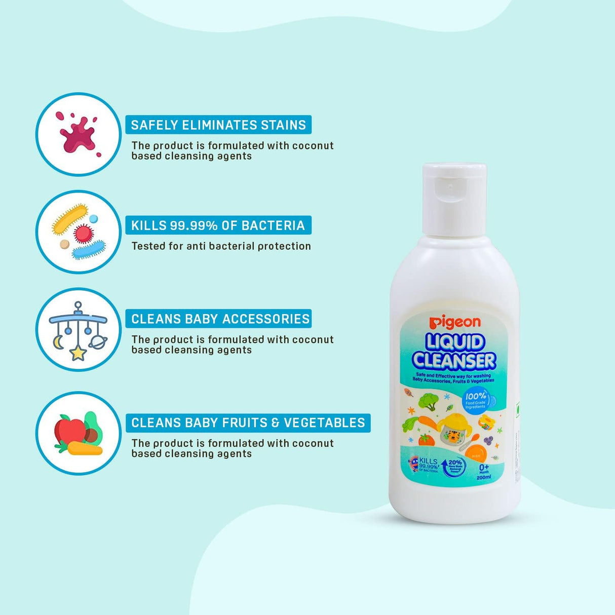 Pigeon Liquid Cleanser, 100% Food Grade Ingredients, Kills 99.99% Bacteria, 200ml - Al Kabayel Discount CentrePigeon Liquid Cleanser, 100% Food Grade Ingredients, Kills 99.99% Bacteria, 200mlHousehold CleaningPIGEONAl Kabayel Discount Centre