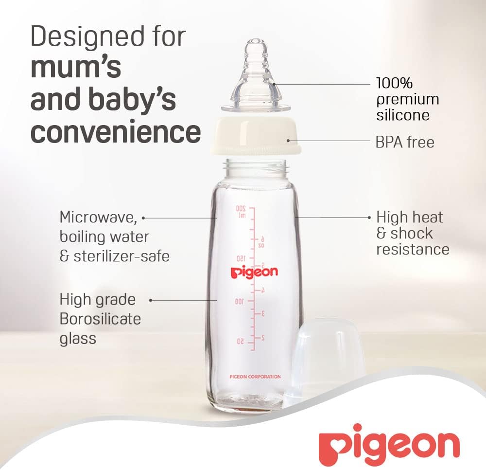 Pigeon Slim Neck Glass Feeding Bottle, Clear Cap, Ultra - Soft Silicone, Anti - Colic, Bpa & Bps Free, 200Ml, White - Al Kabayel Discount CentrePigeon Slim Neck Glass Feeding Bottle, Clear Cap, Ultra - Soft Silicone, Anti - Colic, Bpa & Bps Free, 200Ml, WhiteBaby ProductsPIGEONAl Kabayel Discount Centre