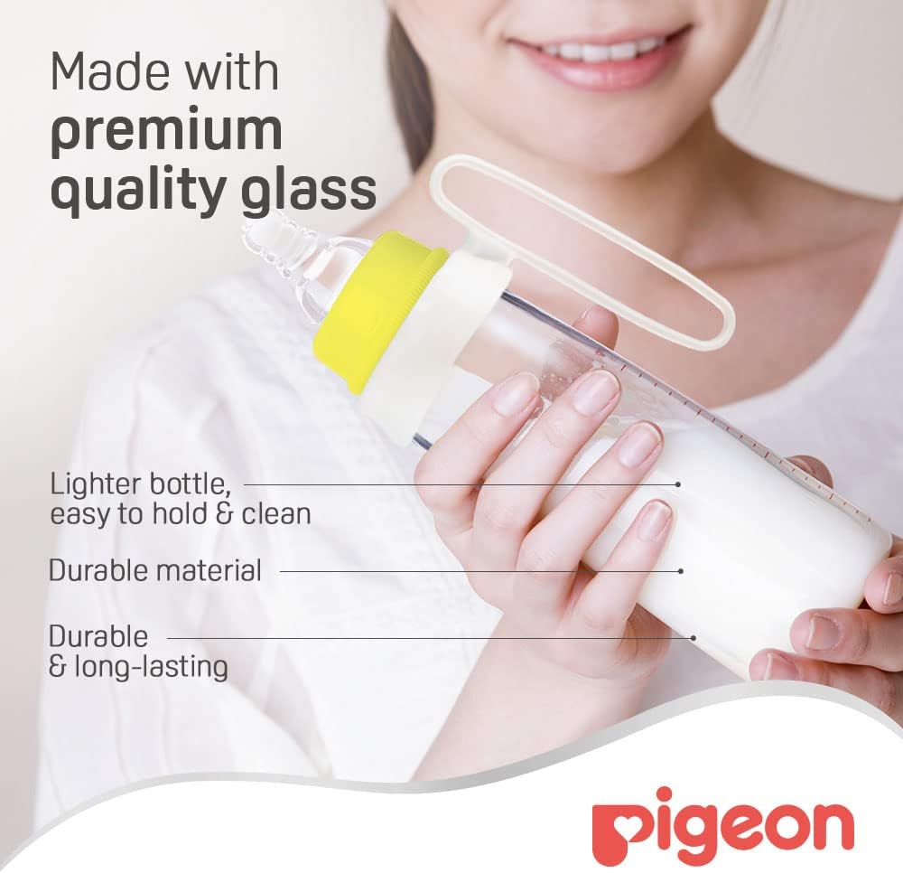 Pigeon Slim Neck Glass Feeding Bottle, White Cap With Handle, Ultra - Soft Silicone, Anti - Colic, Bpa & Bps Free, 240ml, Assorted Color - Al Kabayel Discount CentrePigeon Slim Neck Glass Feeding Bottle, White Cap With Handle, Ultra - Soft Silicone, Anti - Colic, Bpa & Bps Free, 240ml, Assorted ColorBaby ProductsPIGEONAl Kabayel Discount Centre