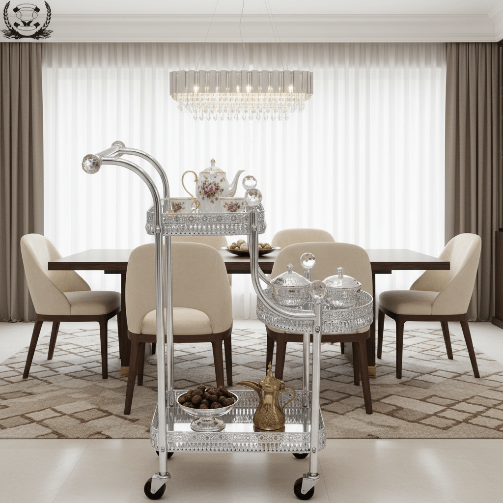 Pilsco 3-Tier Silver Chrome Metal & Glass Serving Trolley Cart with Ornate Filigree Design, Crystal Knob Accents & Rolling Casters | 67cm x 40cm x 30cm | - Al Kabayel Discount CentrePilsco 3-Tier Silver Chrome Metal & Glass Serving Trolley Cart with Ornate Filigree Design, Crystal Knob Accents & Rolling Casters | 67cm x 40cm x 30cm |Organizers & AccessoriesPILSCOAl Kabayel Discount Centre