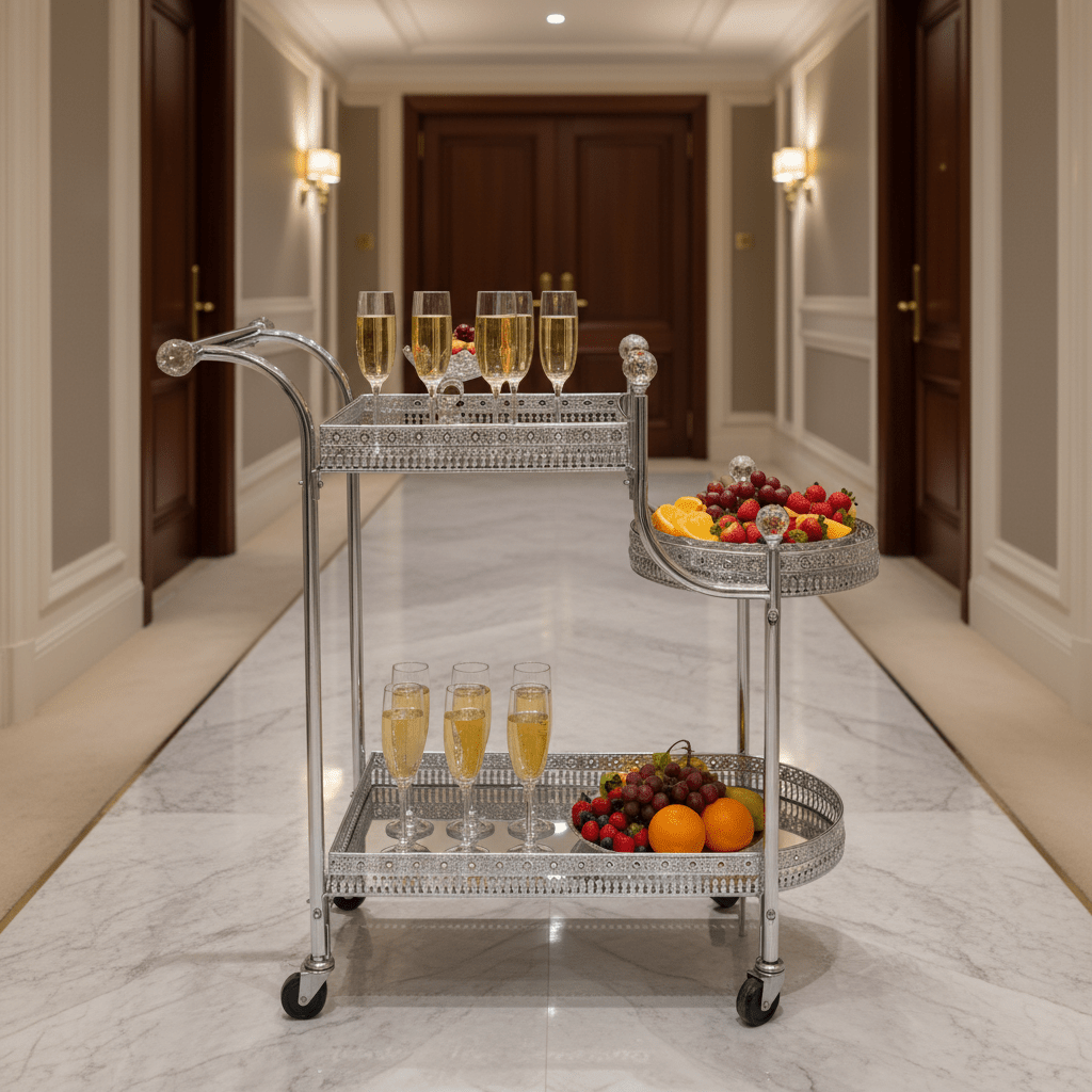 Pilsco 3-Tier Silver Chrome Metal Ornate Serving Trolley with Round Side Tray and Wheels | Majlis & Hospitality Tea Cart | 70cmx60x34cm - Al Kabayel Discount CentrePilsco 3-Tier Silver Chrome Metal Ornate Serving Trolley with Round Side Tray and Wheels | Majlis & Hospitality Tea Cart | 70cmx60x34cmOrganizers & AccessoriesPILSCOAl Kabayel Discount Centre
