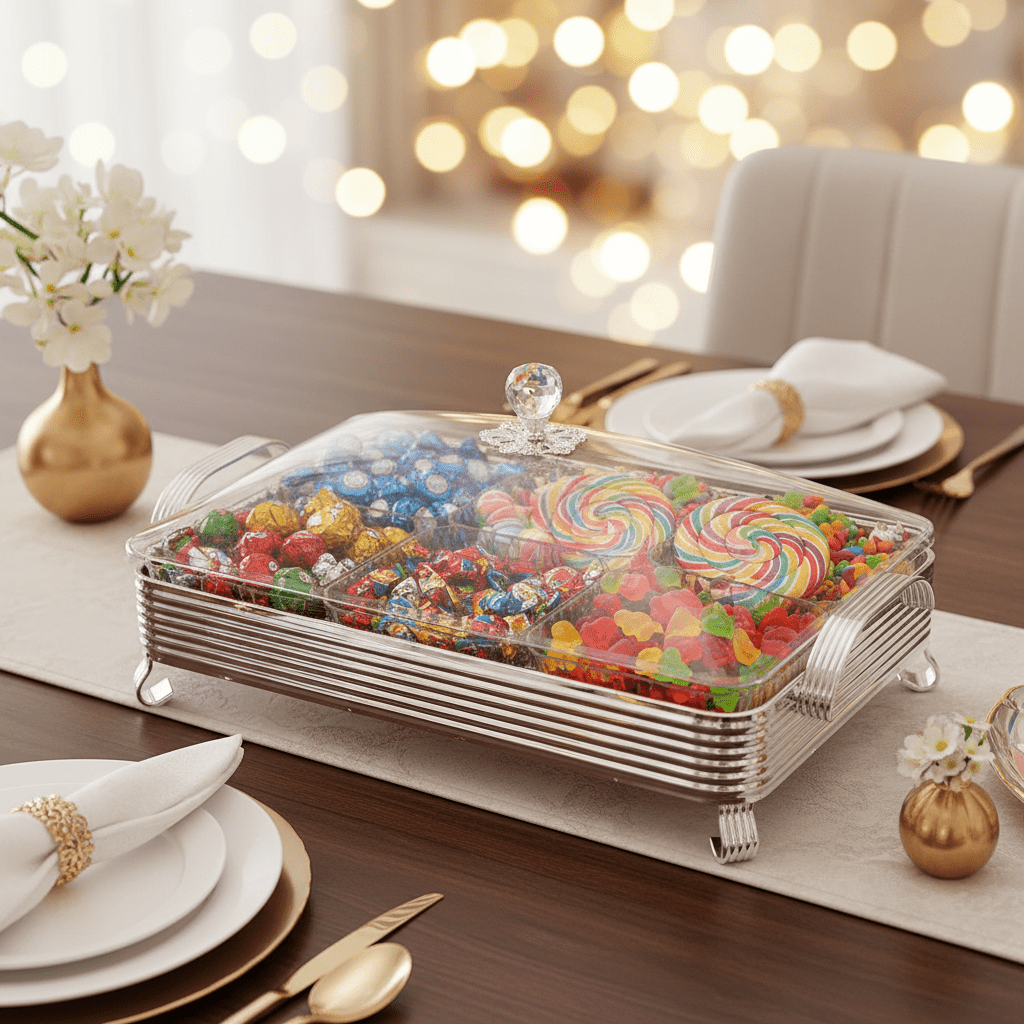 Pilsco 6 - Compartment Acrylic Candy Storage Box with Silver Metal Frame And Lid – Multi - Section Organizer for Snacks & Dry Fruits – 40 × 28 cm - Al Kabayel Discount CentrePilsco 6 - Compartment Acrylic Candy Storage Box with Silver Metal Frame And Lid – Multi - Section Organizer for Snacks & Dry Fruits – 40 × 28 cmJars & Food SaversPILSCOAl Kabayel Discount Centre
