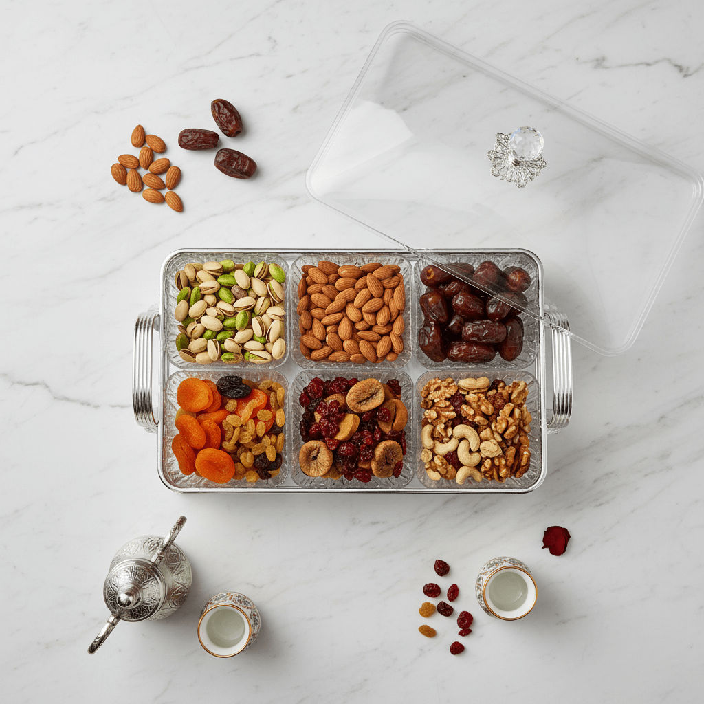Pilsco 6 - Compartment Acrylic Candy Storage Box with Silver Metal Frame And Lid – Multi - Section Organizer for Snacks & Dry Fruits – 40 × 28 cm - Al Kabayel Discount CentrePilsco 6 - Compartment Acrylic Candy Storage Box with Silver Metal Frame And Lid – Multi - Section Organizer for Snacks & Dry Fruits – 40 × 28 cmJars & Food SaversPILSCOAl Kabayel Discount Centre