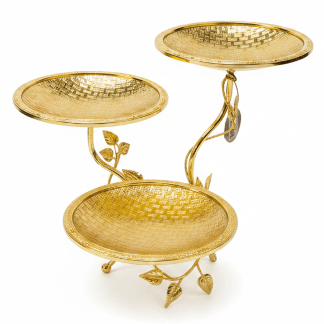 Pilsco Designer Gold 3 - Tier Round Fruit Stand with Leaf Pattern Luxury Serving Display for Desserts & Fruits – 20 × 30 cm - Al Kabayel Discount CentrePilsco Designer Gold 3 - Tier Round Fruit Stand with Leaf Pattern Luxury Serving Display for Desserts & Fruits – 20 × 30 cmServing TraysPILSCOAl Kabayel Discount Centre
