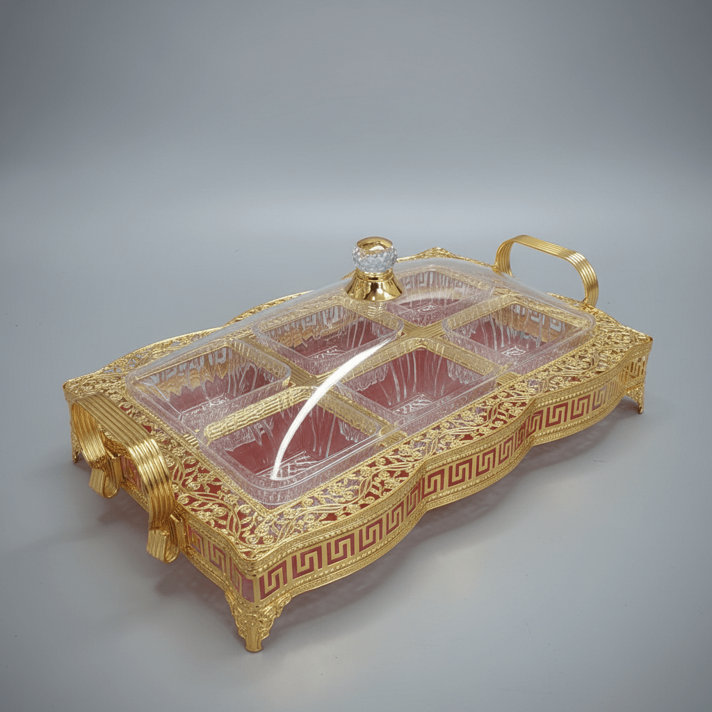 Pilsco Elegant Crystal Acrylic Candy Organizer with Decorative Gold Metal Frame & Lid – Luxury 6 - Section Serving Box for Majlis Ramadan and Home Décor 40×28 cm - Al Kabayel Discount CentrePilsco Elegant Crystal Acrylic Candy Organizer with Decorative Gold Metal Frame & Lid – Luxury 6 - Section Serving Box for Majlis Ramadan and Home Décor 40×28 cmJars & Food SaversPILSCOAl Kabayel Discount Centre