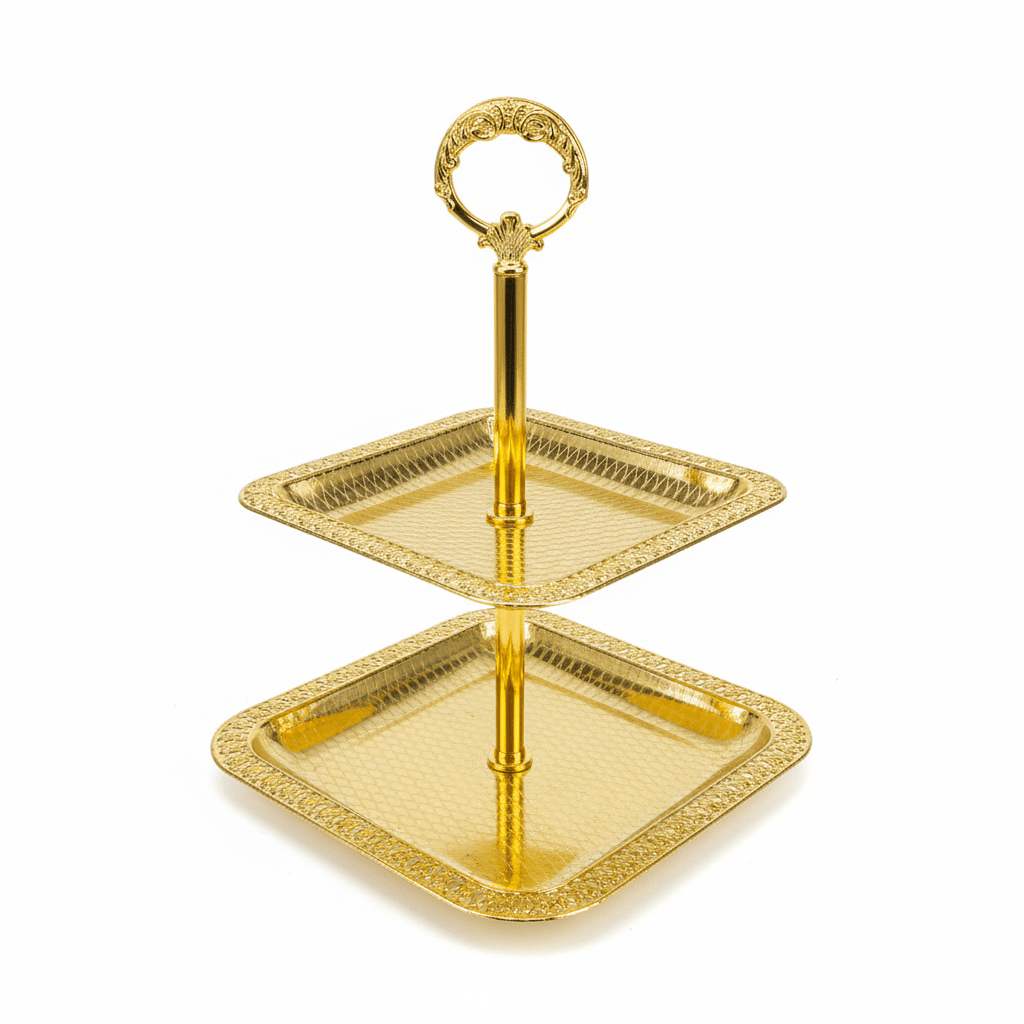 Pilsco Gold Metal Two - Tier Square Candy Display Stand with Elegant Design for Parties and Events – 24×18 cm - Al Kabayel Discount CentrePilsco Gold Metal Two - Tier Square Candy Display Stand with Elegant Design for Parties and Events – 24×18 cmServing TraysNAJIBAl Kabayel Discount Centre