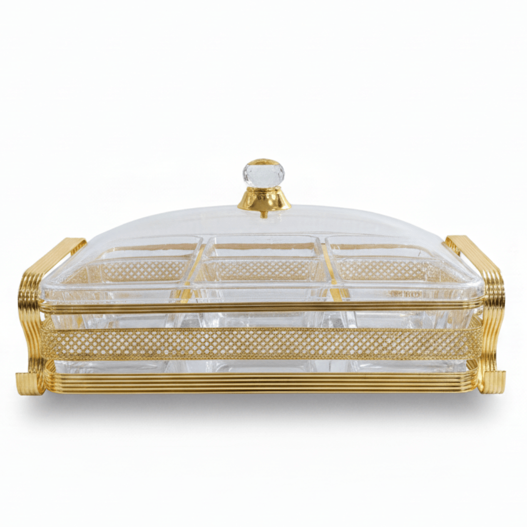 Pilsco Luxury 6 - Section Acrylic Candy Bowl with Premium Gold Metal Holder & Lid – Elegant Organizer for Chocolates Nuts Dates and Dry Fruits 38×26 cm - Al Kabayel Discount CentrePilsco Luxury 6 - Section Acrylic Candy Bowl with Premium Gold Metal Holder & Lid – Elegant Organizer for Chocolates Nuts Dates and Dry Fruits 38×26 cmJars & Food SaversPILSCOAl Kabayel Discount Centre