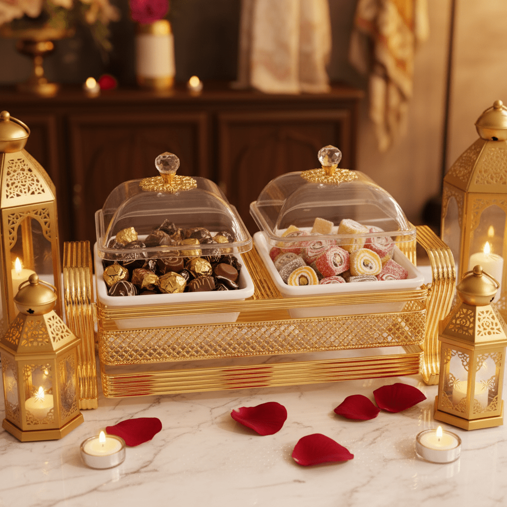 Pilsco Luxury White Ceramic Dual Candy Bowl with Premium Gold Metal Holder & Decorative Lid – Elegant Majlis Serving Tray 25×12 cm - Al Kabayel Discount CentrePilsco Luxury White Ceramic Dual Candy Bowl with Premium Gold Metal Holder & Decorative Lid – Elegant Majlis Serving Tray 25×12 cmJars & Food SaversPILSCOAl Kabayel Discount Centre