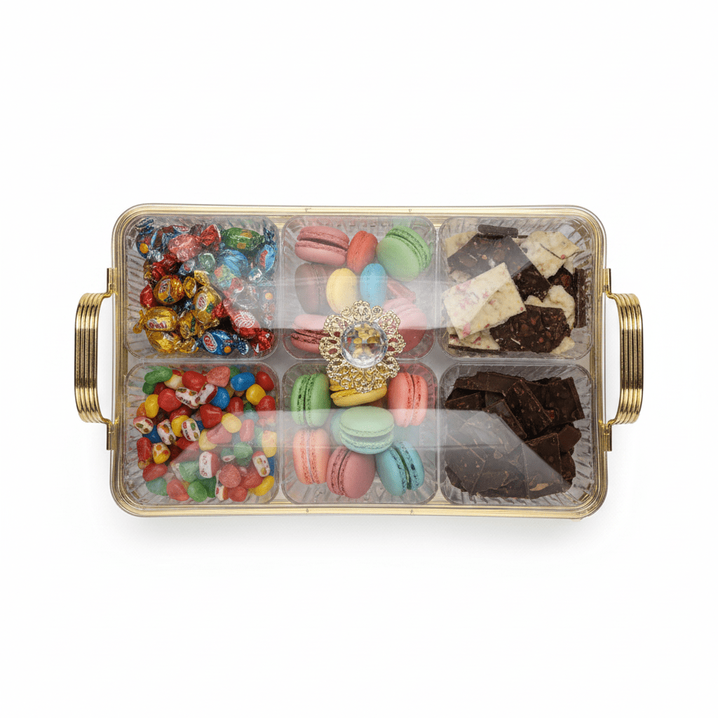 Pilsco Premium 6 - Compartment Clear Acrylic Candy Storage Box with Elegant Gold Metal Frame & Lid for Chocolates Dry Fruits Sweets and Snacks – Luxury Serving Organizer 40×28 cm - Al Kabayel Discount CentrePilsco Premium 6 - Compartment Clear Acrylic Candy Storage Box with Elegant Gold Metal Frame & Lid for Chocolates Dry Fruits Sweets and Snacks – Luxury Serving Organizer 40×28 cmJars & Food SaversPILSCOAl Kabayel Discount Centre