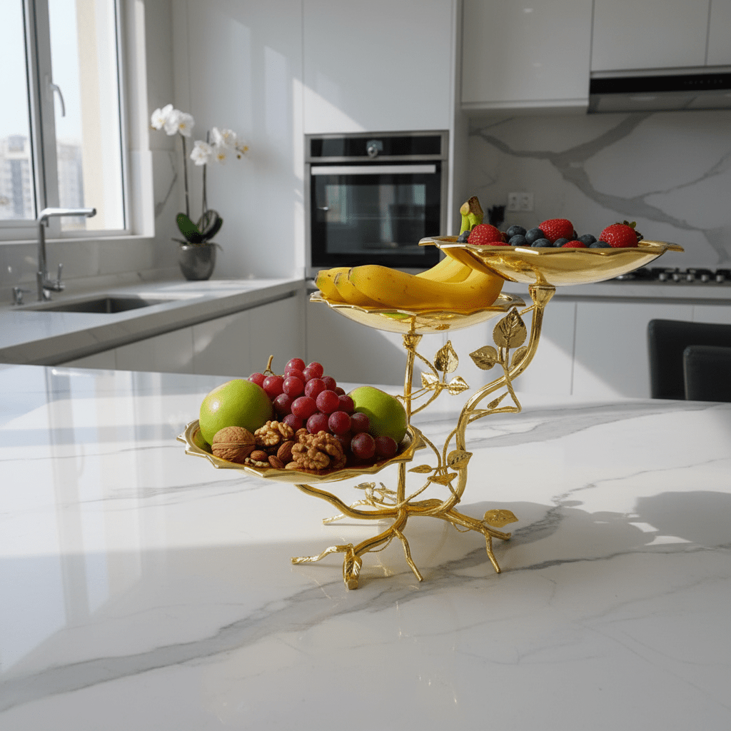 Pilsco Round 3 - Tier Gold Fruit Stand with Leaf Design – Decorative Serving Tray for Events, Parties & Home Use – 20 × 30 cm - Al Kabayel Discount CentrePilsco Round 3 - Tier Gold Fruit Stand with Leaf Design – Decorative Serving Tray for Events, Parties & Home Use – 20 × 30 cmServing TraysPILSCOAl Kabayel Discount Centre