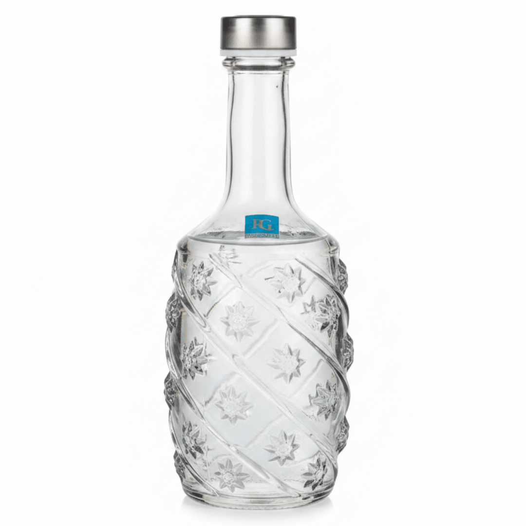 Pishgaman Elegant Embossed Floral Glass Water Bottle 1 Litre – Premium Crystal-Clear Carafe with Silver Lid for Home, Dining & Gifting - Al Kabayel Discount CentrePishgaman Elegant Embossed Floral Glass Water Bottle 1 Litre – Premium Crystal-Clear Carafe with Silver Lid for Home, Dining & GiftingWater BottlePISHGAMANAl Kabayel Discount Centre