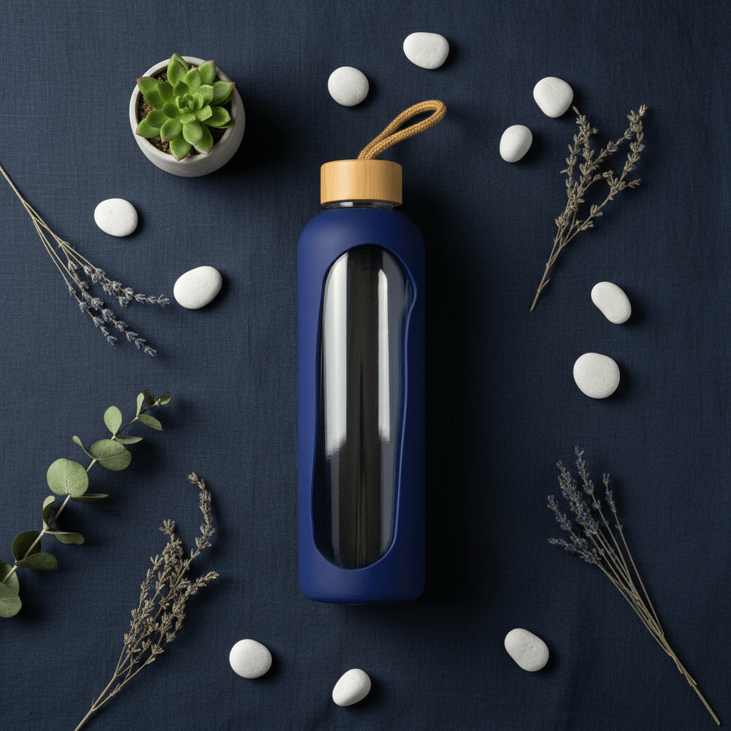 Plain Glass Water Bottle with Navy Blue Silicone Grip Cover – 28 cm - Al Kabayel Discount CentrePlain Glass Water Bottle with Navy Blue Silicone Grip Cover – 28 cmWater BottlesAKDCAl Kabayel Discount Centre