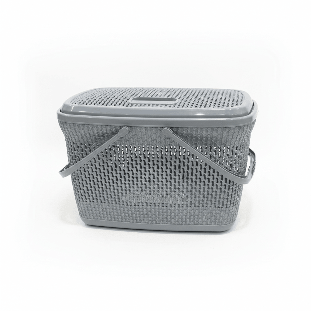 Polytime Plastic Picnic Basket with Lid & Handles - 30 × 45 × 35cm - Grey / White - Al Kabayel Discount CentrePolytime Plastic Picnic Basket with Lid & Handles - 30 × 45 × 35cm - Grey / WhiteOrganizers & AccessoriesPOLYTIMEAl Kabayel Discount Centre