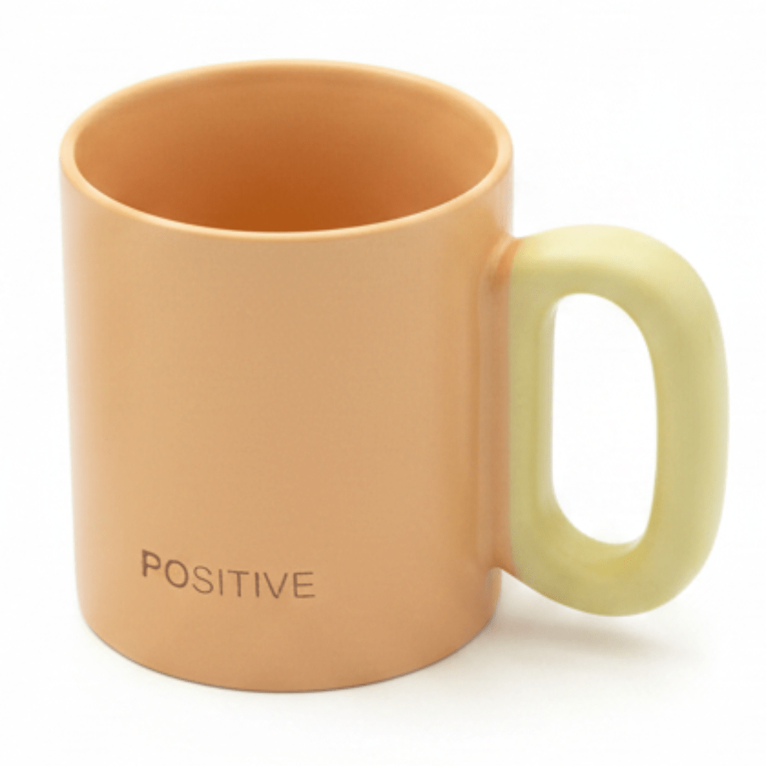 POSITIVE Matte Peach Ceramic Mug | 300ml | Yellow Handle - Al Kabayel Discount CentrePOSITIVE Matte Peach Ceramic Mug | 300ml | Yellow HandleMugsAKDCAl Kabayel Discount Centre