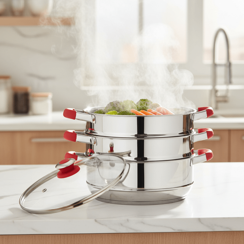 Premier 24cm Stainless Steel 3 - Tier Steamer with Glass Lid – Induction Base - Al Kabayel Discount CentrePremier 24cm Stainless Steel 3 - Tier Steamer with Glass Lid – Induction BaseFood StreamersPREMIERAl Kabayel Discount Centre