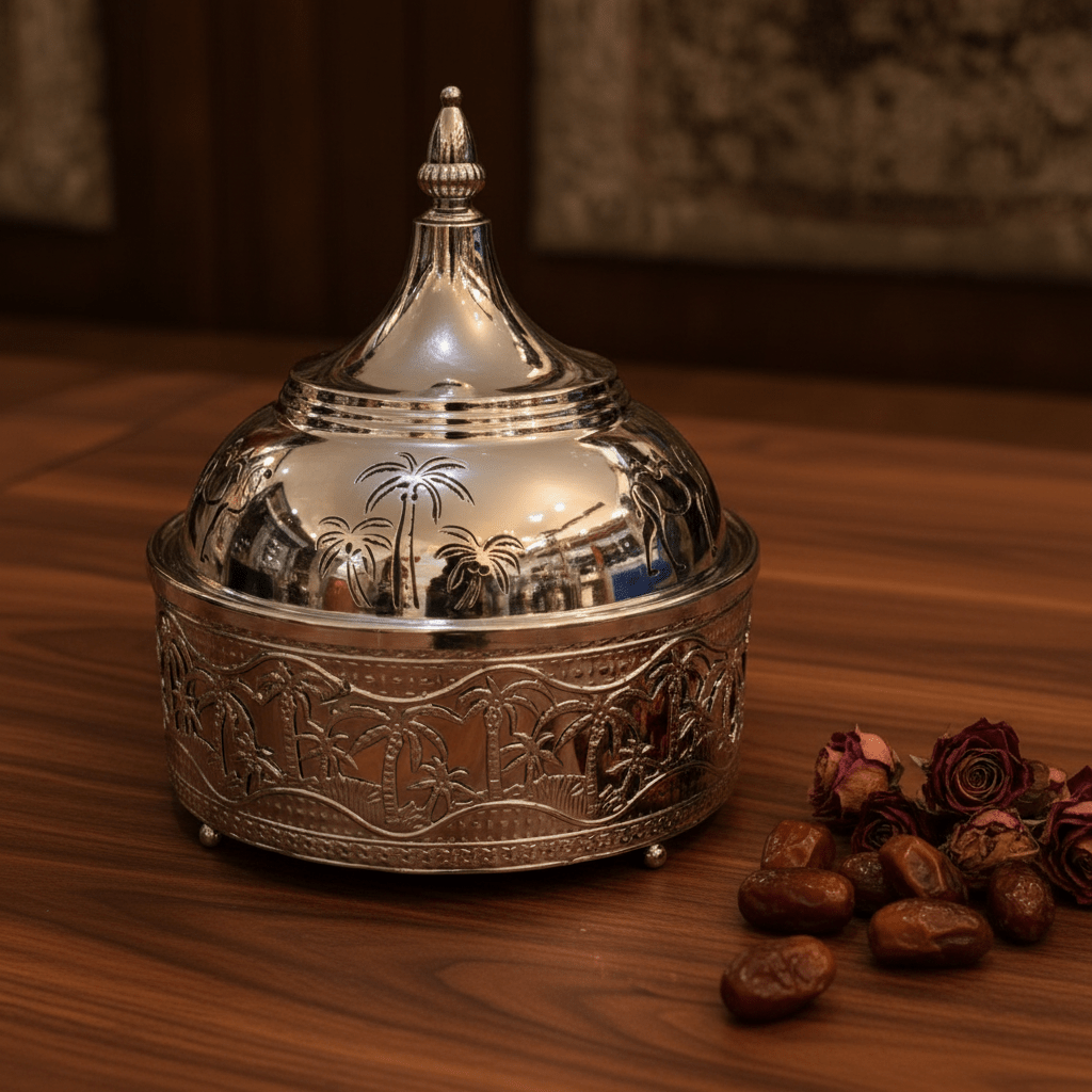 Premium Silver Stainless Steel Tajine with Palm Tree Landscape Design — 22cm | Arabic Heritage Serving Dish - Al Kabayel Discount CentrePremium Silver Stainless Steel Tajine with Palm Tree Landscape Design — 22cm | Arabic Heritage Serving DishServing TraysAKDCAl Kabayel Discount Centre