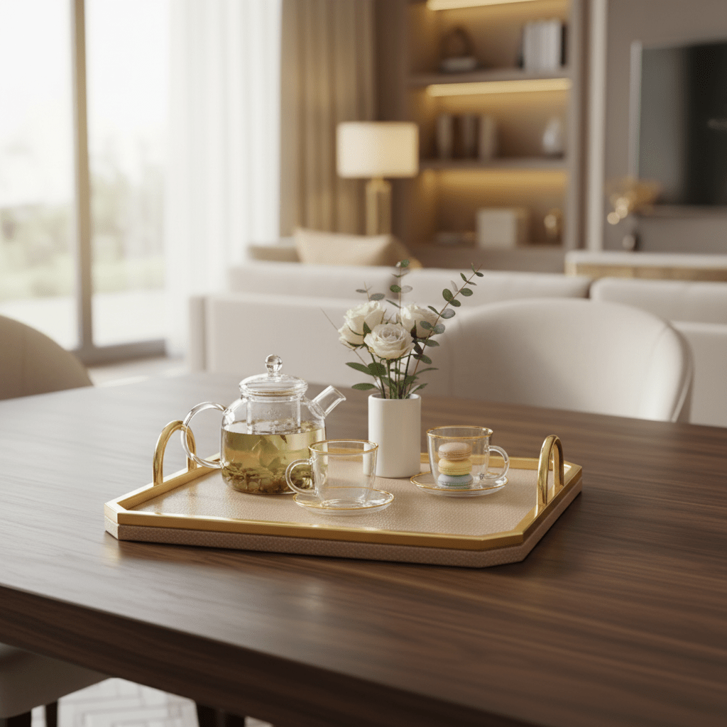 Premium Square Wooden Serving Tray with Metal Border & Leather Finish – 35×35cm - Al Kabayel Discount CentrePremium Square Wooden Serving Tray with Metal Border & Leather Finish – 35×35cmServing TraysAKDCAl Kabayel Discount Centre