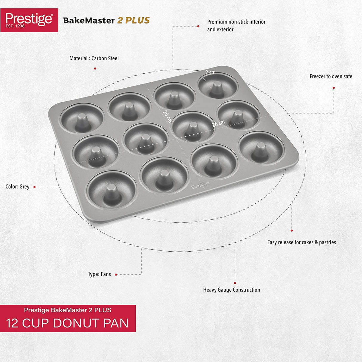 Prestige Carbon Steel 12 Cup Donut Pan, Premium Non - Stick Coating, Easy Release Cake and Pastries - 28616 - Al Kabayel Discount CentrePrestige Carbon Steel 12 Cup Donut Pan, Premium Non - Stick Coating, Easy Release Cake and Pastries - 28616Frying Pans & SkilletsPRESTIGEAl Kabayel Discount Centre