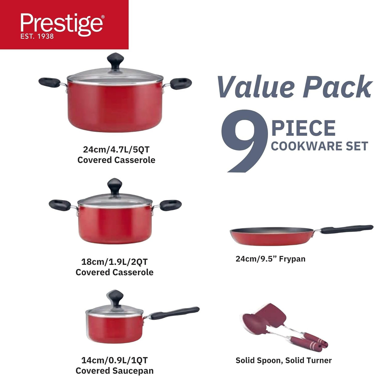 Prestige Non - Stick Cookware sets 9 Pcs, Non Stick Aluminium Pots and Pans Cooking Set, PR22430 - Red - Al Kabayel Discount CentrePrestige Non - Stick Cookware sets 9 Pcs, Non Stick Aluminium Pots and Pans Cooking Set, PR22430 - RedCookware SetPRESTIGEAl Kabayel Discount Centre