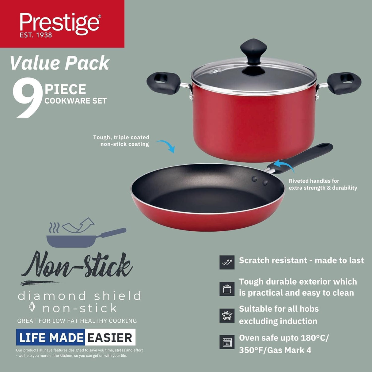 Prestige Non - Stick Cookware sets 9 Pcs, Non Stick Aluminium Pots and Pans Cooking Set, PR22430 - Red - Al Kabayel Discount CentrePrestige Non - Stick Cookware sets 9 Pcs, Non Stick Aluminium Pots and Pans Cooking Set, PR22430 - RedCookware SetPRESTIGEAl Kabayel Discount Centre