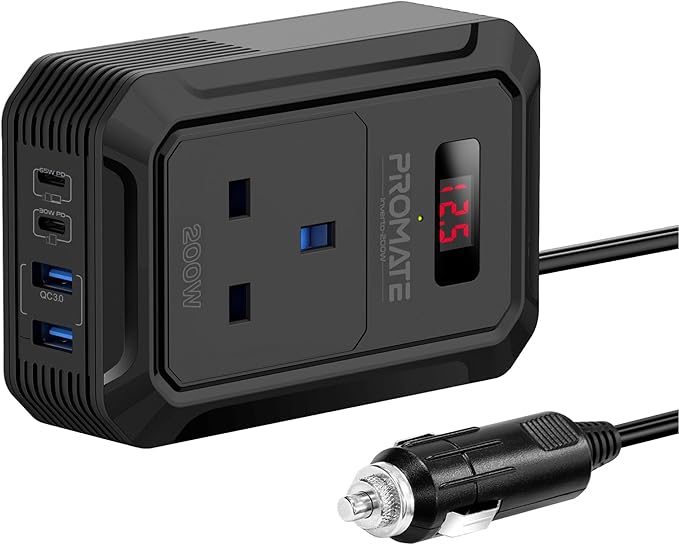 PROMATE 5 in 1 Car Power Inverter DC to AC Multi - Port 200W, Dual USB - C Ports 65W / 30W Power Delivery & Dual QC 18W USB - A Ports, LCD Digital Screen - Al Kabayel Discount CentrePROMATE 5 in 1 Car Power Inverter DC to AC Multi - Port 200W, Dual USB - C Ports 65W / 30W Power Delivery & Dual QC 18W USB - A Ports, LCD Digital ScreenCords & AdaptersPROMATEAl Kabayel Discount Centre
