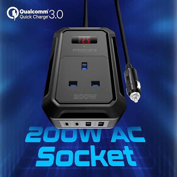 PROMATE 5 in 1 Car Power Inverter DC to AC Multi - Port 200W, Dual USB - C Ports 65W / 30W Power Delivery & Dual QC 18W USB - A Ports, LCD Digital Screen - Al Kabayel Discount CentrePROMATE 5 in 1 Car Power Inverter DC to AC Multi - Port 200W, Dual USB - C Ports 65W / 30W Power Delivery & Dual QC 18W USB - A Ports, LCD Digital ScreenCords & AdaptersPROMATEAl Kabayel Discount Centre