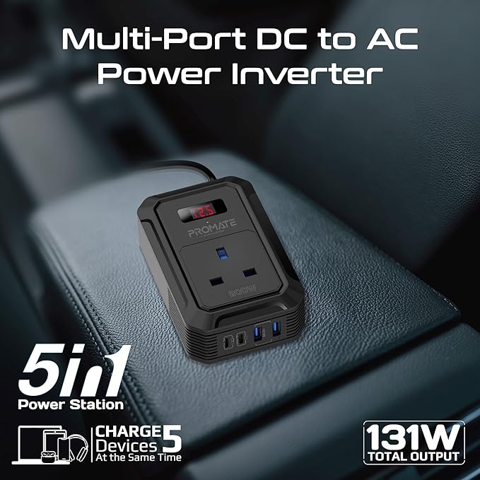 PROMATE 5 in 1 Car Power Inverter DC to AC Multi - Port 200W, Dual USB - C Ports 65W / 30W Power Delivery & Dual QC 18W USB - A Ports, LCD Digital Screen - Al Kabayel Discount CentrePROMATE 5 in 1 Car Power Inverter DC to AC Multi - Port 200W, Dual USB - C Ports 65W / 30W Power Delivery & Dual QC 18W USB - A Ports, LCD Digital ScreenCords & AdaptersPROMATEAl Kabayel Discount Centre