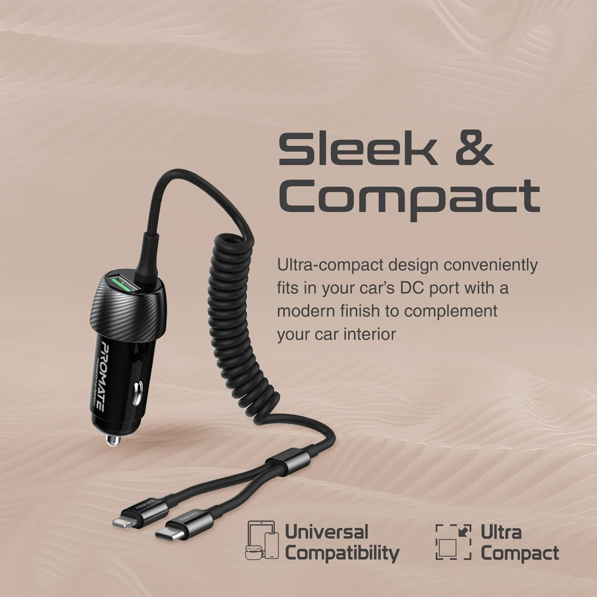 Promate Car Charger with Cable, Universal 33W Power Delivery DC Charger with Built - In 2 - in - 1 Splitter USB - C, Lightning Charging Coiled Cable and QC 3.0 USB Port for iPhone 17, Andriod PowerDrive - 33DCI - Al Kabayel Discount CentrePromate Car Charger with Cable, Universal 33W Power Delivery DC Charger with Built - In 2 - in - 1 Splitter USB - C, Lightning Charging Coiled Cable and QC 3.0 USB Port for iPhone 17, Andriod PowerDrive - 33DCICords & AdaptersPROMATEAl Kabayel Discount Centre