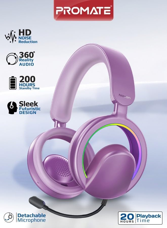 Promate Novon Open - Ear Bluetooth Headphones with Detachable Mic, RGB Light Modes, 40mm Dynamic Drivers, 20H Battery, Bluetooth v6.0, ABS - PC Build for Gaming, Workouts, and Streaming Purple - Al Kabayel Discount CentrePromate Novon Open - Ear Bluetooth Headphones with Detachable Mic, RGB Light Modes, 40mm Dynamic Drivers, 20H Battery, Bluetooth v6.0, ABS - PC Build for Gaming, Workouts, and Streaming PurpleElectronic AppliancesPROMATEAl Kabayel Discount Centre